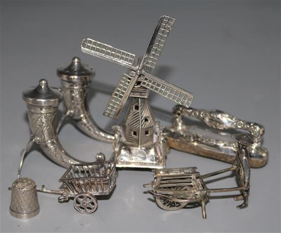 A pair of Norwegian sterling silver miniature cornucopia vases and five other small silver items including miniature Dutch windmill.